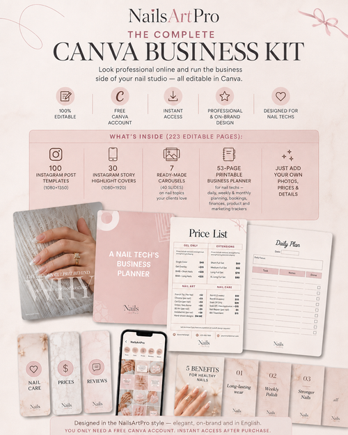 NailsArtPro Nail Business & Social Media Kit — 223 editable Canva pages